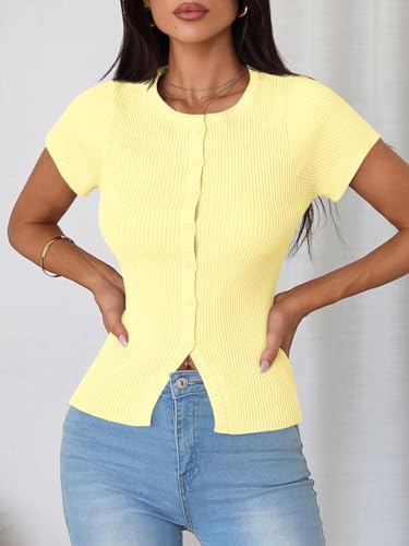 Image of Imily Bela Womens Short Sleeve Sweater Tops Summer Button Down Casual Ribbed Knit Slim Fit Cropped Cardigan Shirts