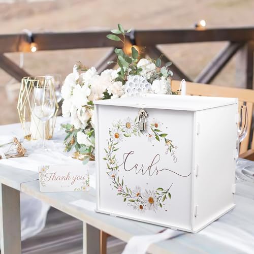 CYAOOI White Wedding Card Box with Lock, PVC Money Envelope Card Box for Wedding Reception, Daisy Pattern Gift Card Box Holder for Graduation Party Birthday Baby Shower Decorations - Thumbnail 5