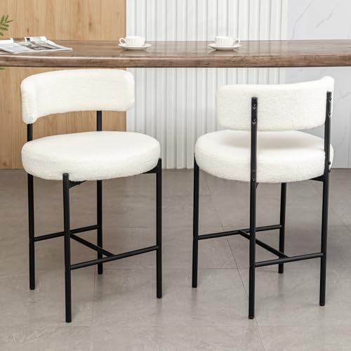 Image of Cinxzar Boucle Bar Stools Set of 2, White Counter Height Bar Stools with Backs, Modern Barstools for Kitchen Island, Pub, Club
