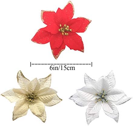 Yuknees 30Pcs Poinsettia Artificial Flowers Christmas Tree Decoration 6" Xmas Tree Ornaments Glitter Christmas Flowers for Wedding Party Christmas Tree Decorations (White)