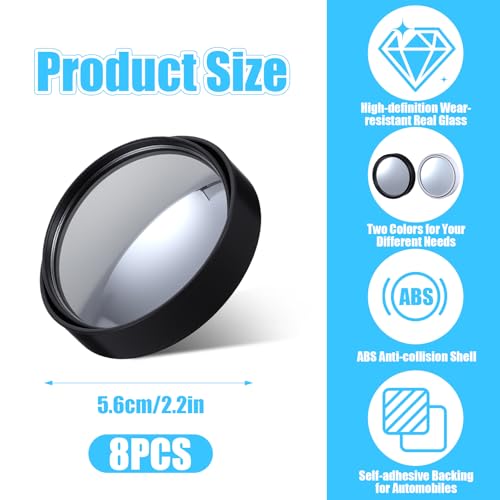 8Pcs Blind Spot Mirrors for Car,Self Adhesive Round Convex Mirror, 360° Wide Angle Side View Mirrors with ABS Housing, Universal Fit Car Blind Spot Mirror (Black, White)