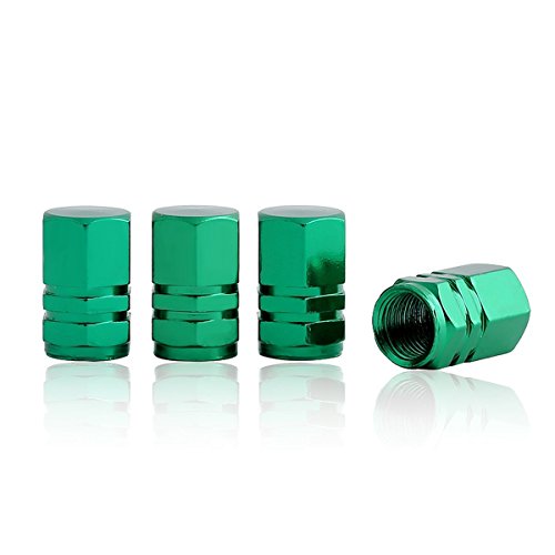 GODESON Green Aluminum Tire Valve Stem Cap with Hexgon Style, 4 Pcs/Set, Aluminum Tire Wheel Stem Air Valve Caps for Auto Car Motorcycle Bicycle