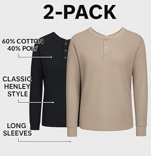 2 Pack Mens Long Sleeve Shirts - Classic Henley Tees for Men with Button Placket, Soft Breathable Long Sleeve T-Shirt Men, Comfortable Everyday Wear, Black & Tan (X-Large) — view 4