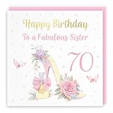 Hunts England - Tarjeta de cumpleaños para hermana número 70 con tacón alto y perfume, lámina dorada de lujo, Milo's Gallery, 70 años, mariposas, flores, corazones, bonita tarjeta de cumpleaños para hermana