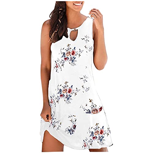 Weiheng Summer Dresses for Women Knee Length Dress Casual Sleeveless Crewneck T-Shirt Dress Boho Swing Dress Beach Cover up