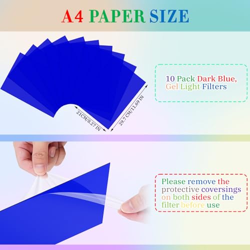 Image of 10 Pack Gel Light Filter Sheets, A4 Size Transparency Colored Plastic Sheets,Light Gel Filters for Photography Studio Lighting, Stage LED Lights,Headlight Film (Dark Blue)
