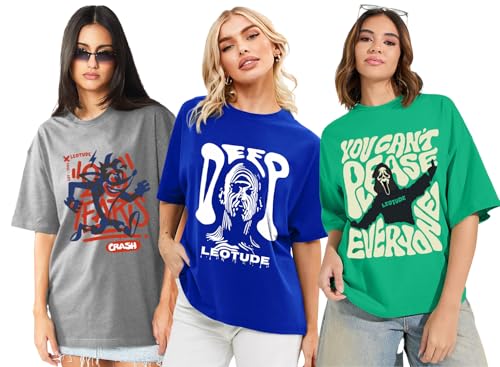 Image of LEOTUDE Women Cottonblend Oversized Baggy Fit Half Sleeve Round Neck Multicolor Combo T-Shirt for Women & Girls (Pack of 3)