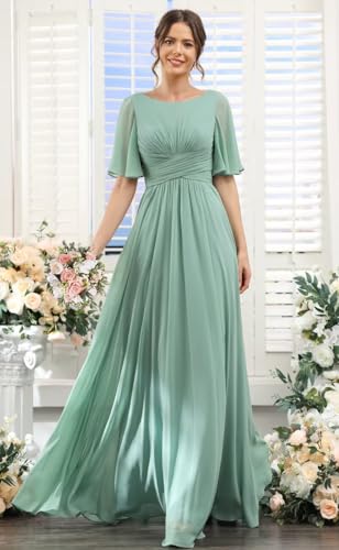 YOFF Flutter Sleeve Chiffon Bridesmaid Dress Long with Slit Scoop Neck A-Line Formal Party Dresses with Pockets YO1262