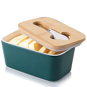 Porseleinen Botervloot met Mes & Houten Deksel, Candiicap Luchtdichte Boterschotel voor Aanrecht, Grote Boterhouder voor Alle Soorten Boter(Mat Groen)