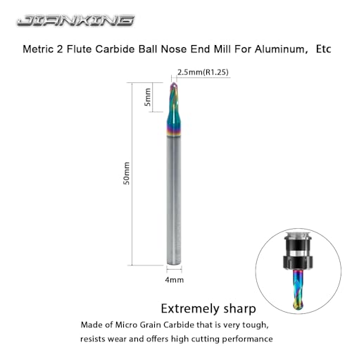Image of 2.5mm R1.25 DLC Coated 2-Flute Carbide Ball Nose End Mill, Ideal for Aluminum, Copper Alloys, and Plastic Machining - High Precision & Wear-Resistant Cutting Tool (3 Pack)