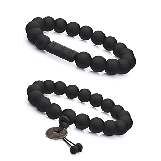 FIBO STEEL 2Pcs 11mm Wood Beaded Bracelet for Men Buddhist Beads Elastic