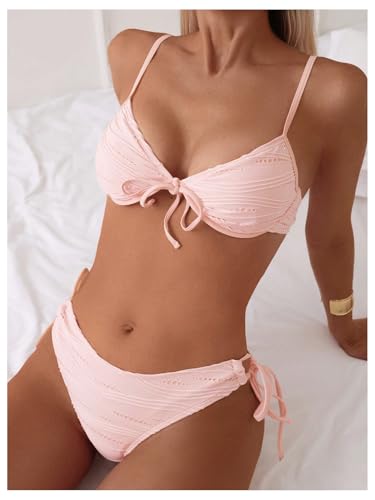 SweatyRocks Women's Bathing Suit Spaghetti Strap Tie Knot Bikini Set Underwire Swimsuits3