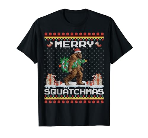 Merry Squatchmas Xmas Bigfoot Santa Hat Ugly Christmas Tree Camiseta