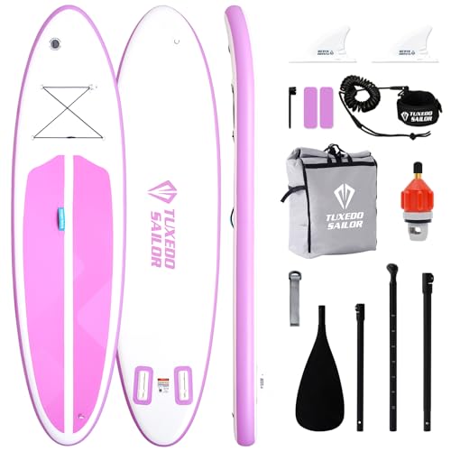 Tuxedo Sailor Inflatable Stand Up Paddle Board Foldable Paddleboard Inflatable SUP for All Skill Levels Includes Paddle Boards, Paddle, Fins, Backpack Purple