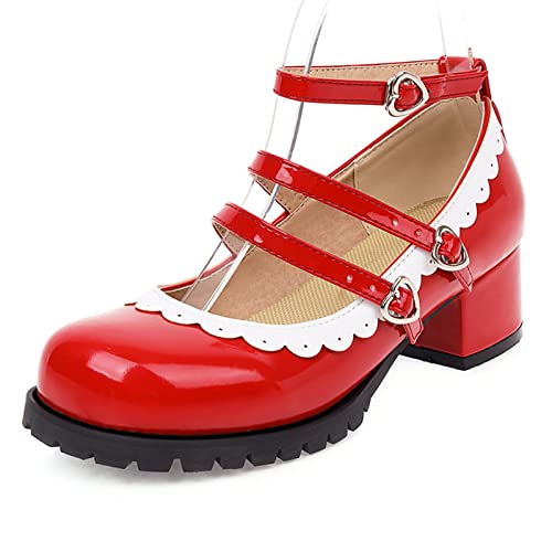 Mary Janes vernies rouges à talon carré et bout rond pour femme en taille 40.5
