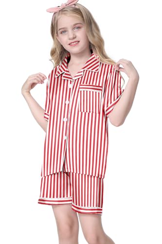 Image of Umeyda Women & Girls Pajamas Set, 2 Piece PJS Satin Silk Sleepwear Button-Down Top with Shorts for Mom Kids Gifts