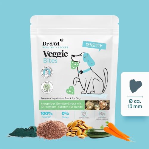 Dr. SAM Veggie Bites für Hunde – Vegetarische Hundesnacks mit Buchweizen, Karotten & Spirulina – Hypoallergen & Glutenfrei – Natürliche Leckerlis für Sensible Hunde - 200g