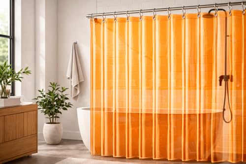 Image of EHZNZIE Orange Shower Curtain Liner 72x72, PEVA Waterproof Bath Curtain, No Chemical Smell, 3 Weighted Magnets, Durable with Rustproof Metal Grommets