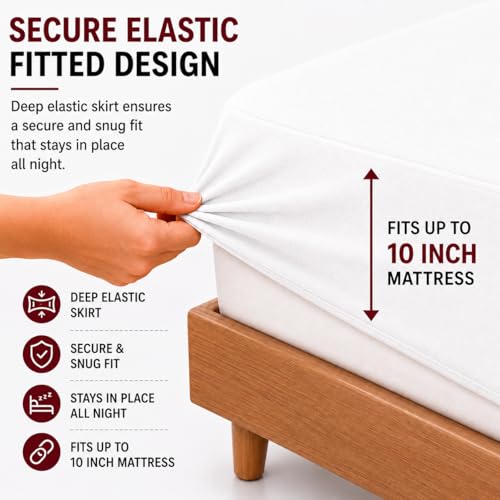 Image of Babylee 100% Waterproof King XL 78x72 Inch 6.5x6 Ft Fits Upto 10 Inch Mattress | Premium Terry Cotton Breathable Bed Protector | Mattress Cover for Double Bed | White