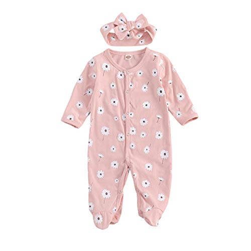 YQYJA Newborn Baby Girls Boys Cute Rompers Floral Long Sleeve Footed Jumpsuit+Headband Fall Outfit (Pink, 6-9 Months)