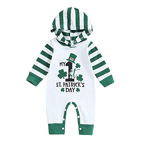 Image of My 1st St Patricks Day Outfits Infant Girl Boy Long Sleeve Jumpsuit Hoodie Bodysuit Clover Bodysuit One Piece (White Stripe, 0-3 Months)
