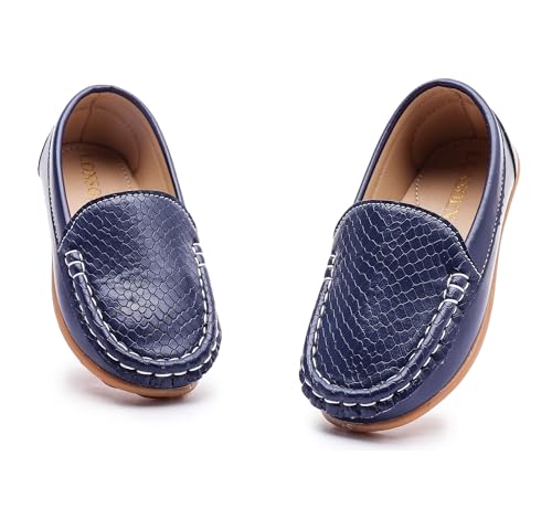 LONSOEN Boys Girls Slip On Loafers Dress Shoes Little Kid, Navy 12
