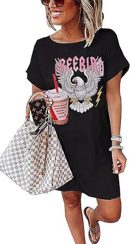 Image of Vintage Rock Country Music Dress for Women Rock Concert Band Graphic Tshirt Casual Letter Print Short Dress