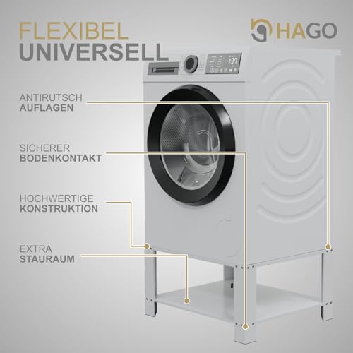 HAGO24 | Waschmaschinen-Untergestell 63x54x32cm | Weiß | Sockel 40cm Höhe | Ablage Unterbau | Gummifüße | Rückenschonend | Ablagefach | 150kg Traglast | Vibrationsschutz
