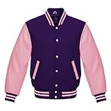 Lishow Fashion Varsity Jacket Baseball Letterman Bomber Wool & Baby Pink Genuine leather sleeves (as1, alpha, x_l, regular, regular, Purple)