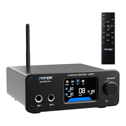 Jyker Hi-Fi DAC Bluetooth 5.2 Stereo Amplifier 400W 2.1 Channel, Class D TPA3116 Audio Receiver with Subwoofer Out, Opt/USB/RCA/MIC Inputs, Bass Treble Echo Control, Colored LCD Display – JAMP79