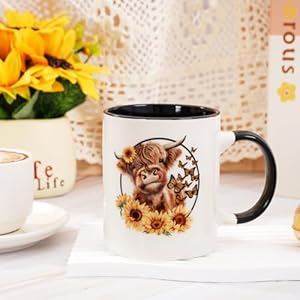 Whaline Highland Cow Mug Fall Cow Sunflower Coffee Mug Autumn Farmhouse Party Ceramic Cup for Home School Office Table Centerpieces Housewarming Gift 12oz