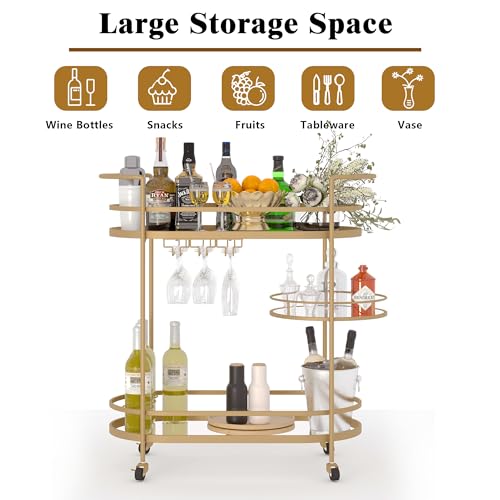 ABBSR Large Bar Cart Gold with Small Tray, 2 Tier Serving Wine Cart with Lockable Wheels, Mobile Rolling Cart with Mirror Shelf and Glass Holder for Home Office, Living Room, Kitchen