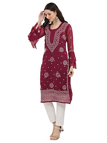 Image of FAWOMENT Women's Designer Georgette Straight Kurta with Hand Crafted Lucknowi Chikankari Embroiderey Emblemished Moti Work Along