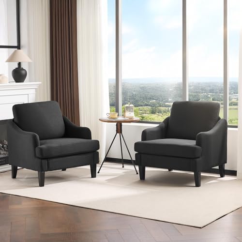 VINGLI Linen Fabric Accent Chairs Set of 2, Black Modern Upholstered Armchair, Comfy Sofa Chair Living Room Bedroom Furniture for Apartment