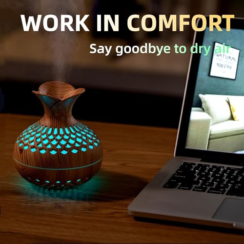Image of Pure Aroma 300ml Flower Shape Ultrasonic Aroma Diffuser | Wooden Grain Essential Oil Humidifier with Warm LED Light | Cool Mist Air Diffuser for Home, Bedroom, Office & Yoga