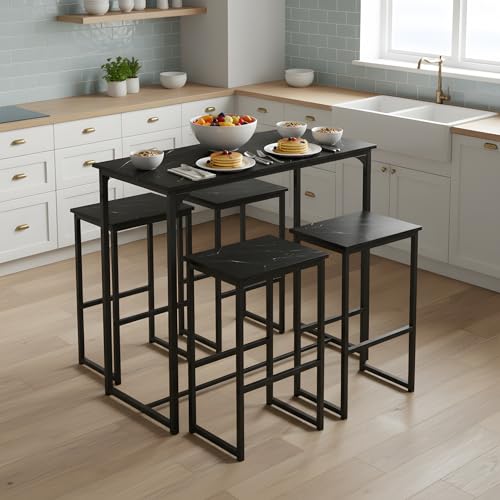 GOKHOMX Mesa Alta Bar con 4 Taburetes, Conjunto Mesa y 4 Sillas Comedor, para Pequeño Espacio, Cocina, Comedor, Salón, Bar o Balcón (Efecto Mármol Negro) - imagen 2