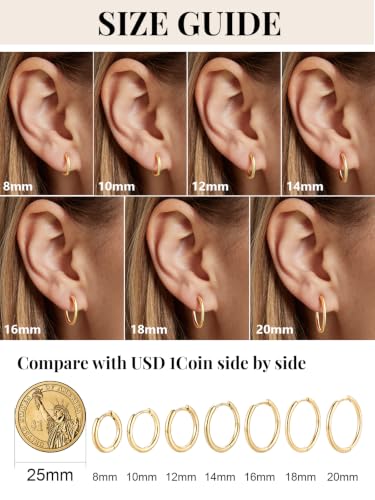 Image of Silvora 14K Gold Plated Huggie Hoop Earrings for Women, Small Sterling Silver Hoops, Hypoallergenic Cartilage Earrings for Sensitive Ears 8 /10 /12 /14 /16 /18 /20MM