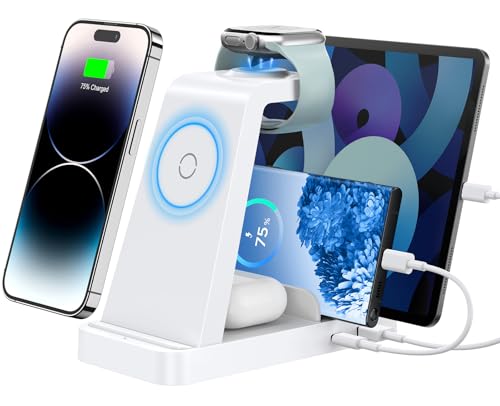 GAUOLN Wireless Charger for iPhone - 5 in 1 Charging Station for Multiple Devices Apple: Fast Wireless Charging Stand Dock for iPhone 17 16e 16 15 14 13 12 Pro Max Apple Watch Airpods(White)