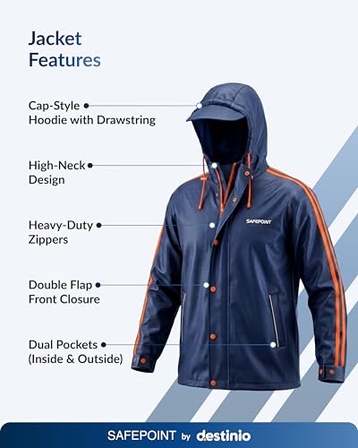 Image of Destinio Rain Coat for Men Waterproof with Hood, Thick Polyester, Leak Proof, Premium Zipper, Raincoat for Bike Riding, Double Layer Rain Suit for Riders, Rainwear Set