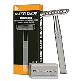 Stainless Steel Safety Razor, Single Blade Razors for Men, with 10 Double Edge Blades, Long and Heavy Duty Handle, Smooth Close Gentle Shave, Silver