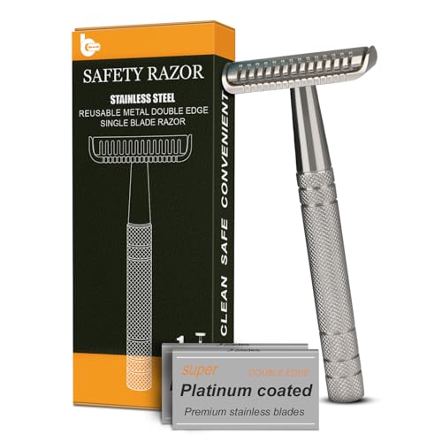 , Single Blade Razors For Men, With 10 Double Edge Blades, Long And Heavy Duty Handle, Smooth Close Gentle Shave, Silver