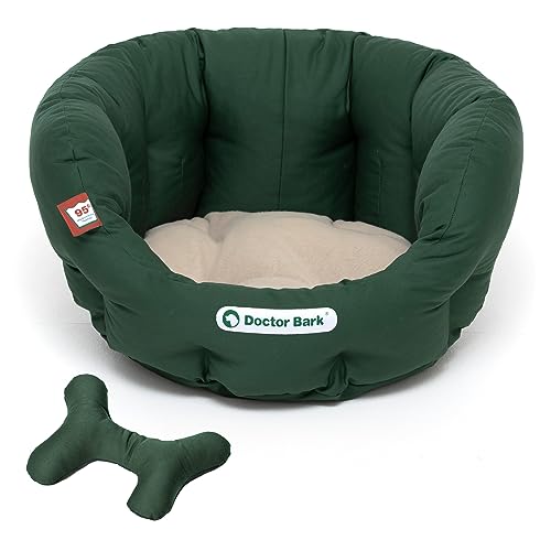 Doctor Bark - Hundebett rund - kuscheliger Hundekorb kleine Hunde mit orthopädischem Wendekissen und ToyBone - Waschbar bis 95°C - Made in Germany (S - 40x35 cm, Grün/Beige)