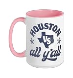 Houston vs All Y'all Texas State Map Retro Vintage Texan TX Ceramic Mug, Pink/White, 15oz