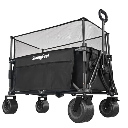 SUNNYFEEL Extra Large Folding Wagon 300L - 500LBS Heavy Duty Beach Wagon Cart with Big All-Terrain Wheels, Stable Frame, Adjustable Handle for Camping, Groceries, Shopping (Black, Tall Version)