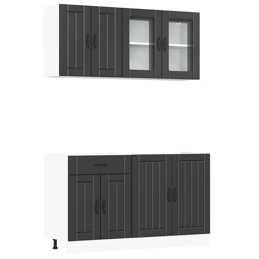 4-TLG. Küchenzeile Lucca Schwarz, modernes Küchenschrank-Set aus Holzwerkstoff & Glas, modulares Küchenmöbel-Set mit Unterschränken & Hängeschränken für viel Stauraum, 140 cm