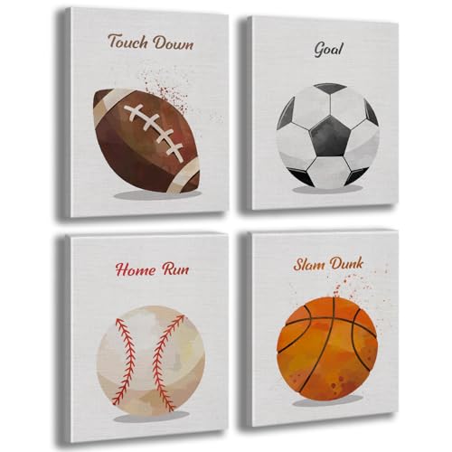Image of Watercolor Sport Football Basketball Soccer Softball Boys Room Decor Canvas Wall Art Motivational Prints Paintings for Bedroom Nursery Playroom Classroom Funny Birthday Gifts 4PCS,Framed,8x10IN