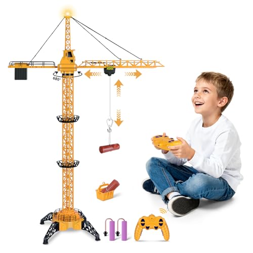 Charmofun Gru a Torre Telecomandata, 128 cm 2,4 Hz Grue Radiocomandata Filoguidata 6 Canali, Cantiere Telecomandato, RC Ingegnere del Veicolo Ascensore Compleanno Bambini (Kit gru a torre)