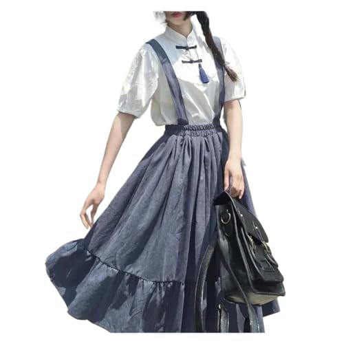 Overall Dress Women Skirt Preppy Style Strap Long Skirt Ruffles Loose Cute Student Casual Skirt Female