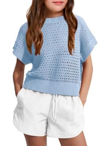 Haloumoning Girls Short Sleeve T Shirt Crewneck Knit Crop Top Hollow Out Pullovers Sweater 5-14 Years, Blue, 9-10 Years