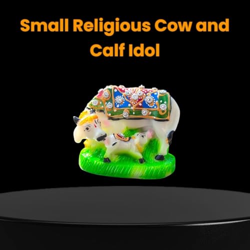 Image of Kamdhenu Cow and Calf Idol for Home Decor | Marble Finish Gau MATA Murti | Vastu Showpiece for Home Temple Pooja Room Office Desk | Spiritual Religious Gift | Housewarming Diwali Decor | Multicolor